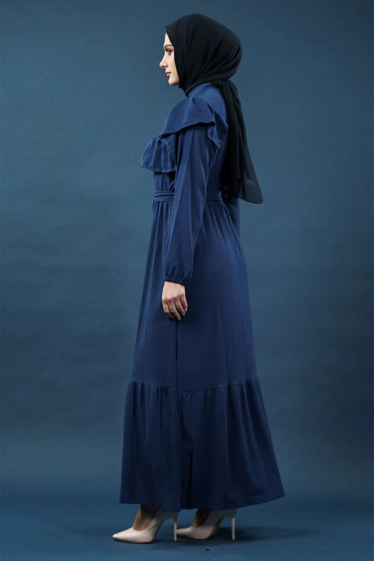 Yeni Sezon Fırfırlı Lacivert Elbise-detail