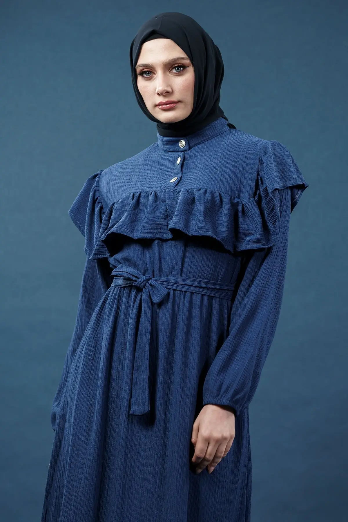 Yeni Sezon Fırfırlı Lacivert Elbise-detail