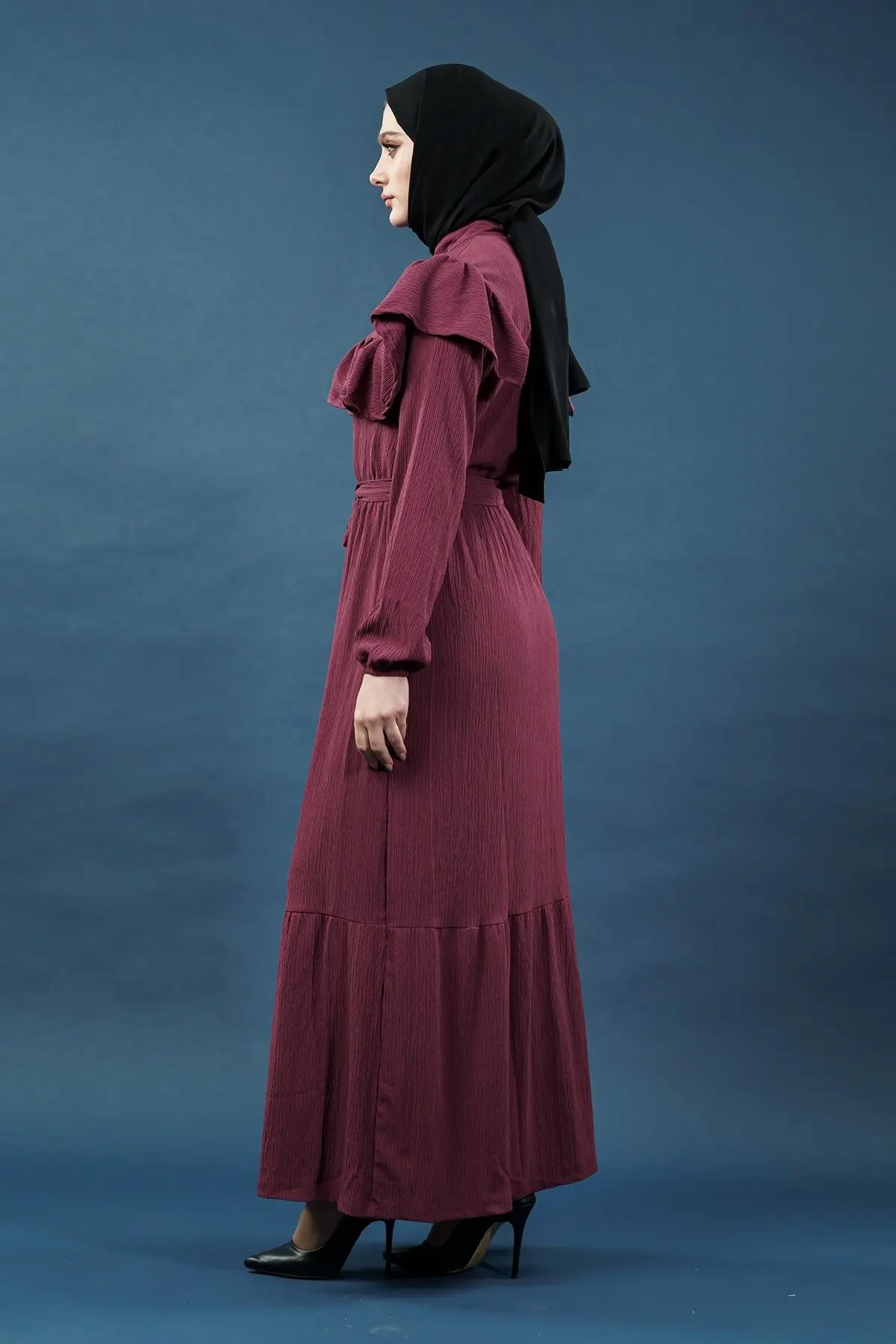 Yeni Sezon Fırfırlı Mürdüm Elbise-detail