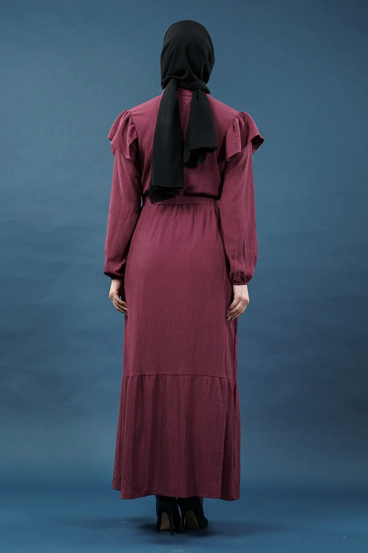 Yeni Sezon Fırfırlı Mürdüm Elbise-detail