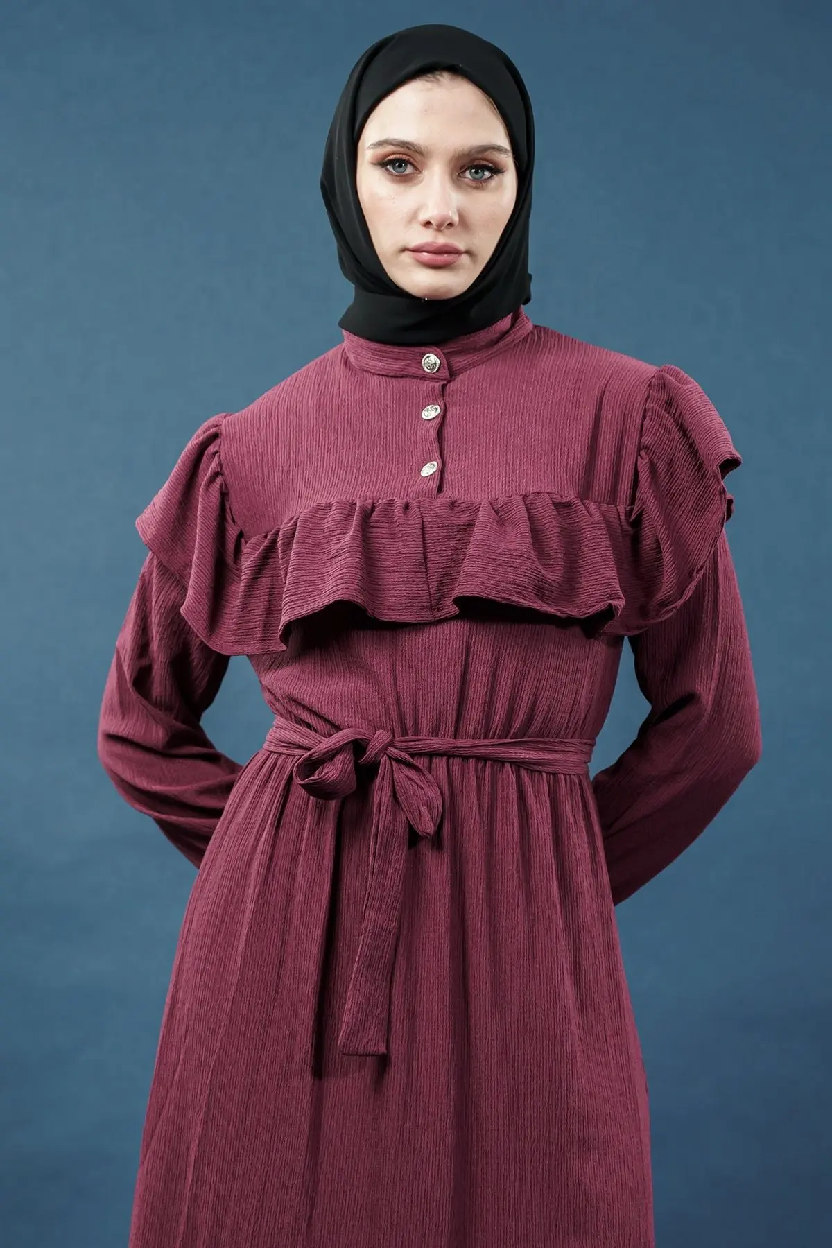 Yeni Sezon Fırfırlı Mürdüm Elbise-detail