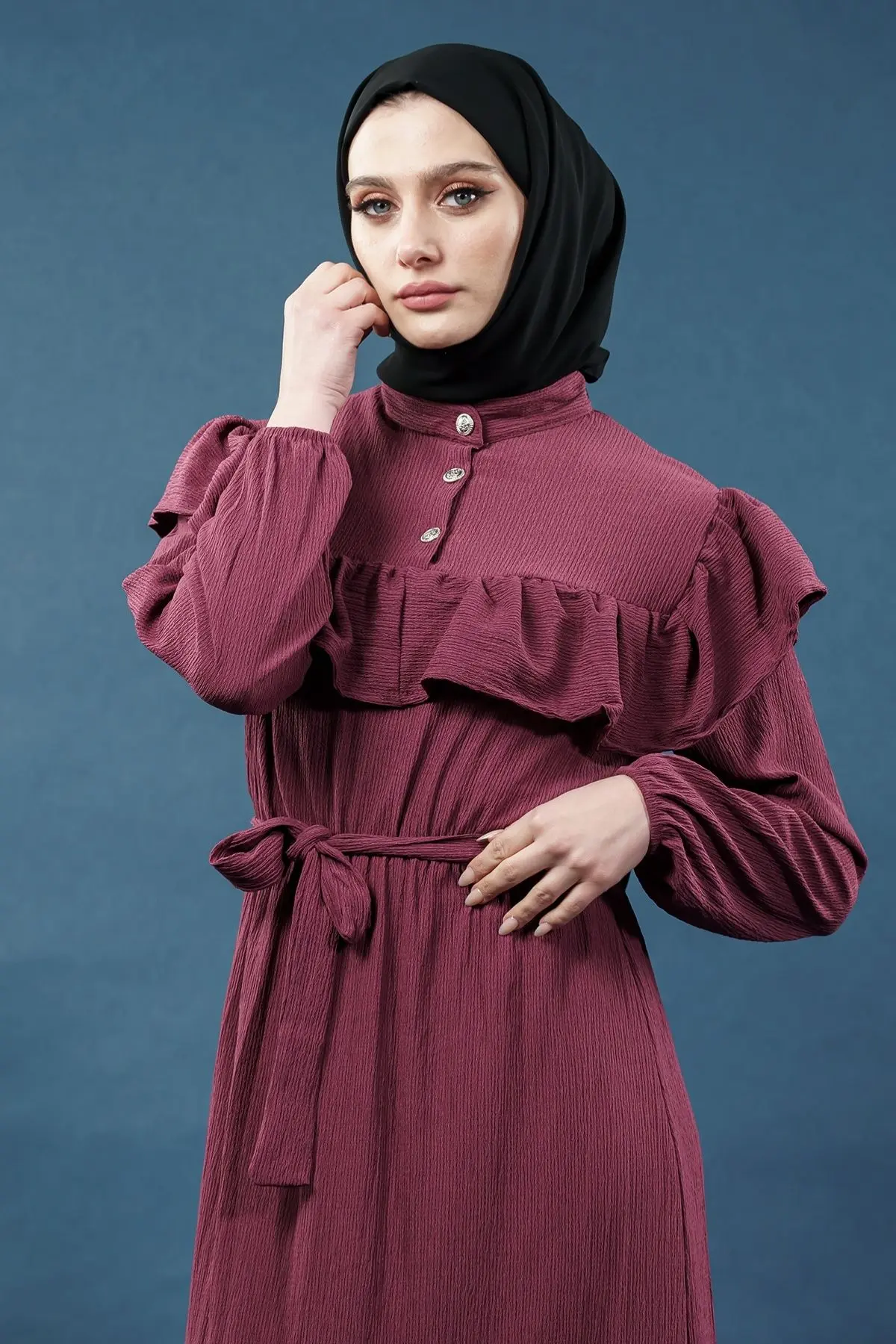 Yeni Sezon Fırfırlı Mürdüm Elbise-detail