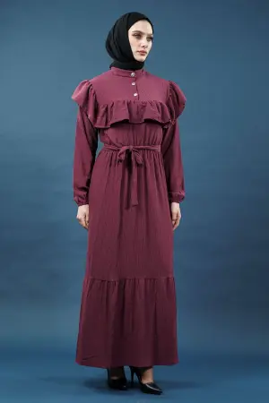 Yeni Sezon Fırfırlı Mürdüm Elbise