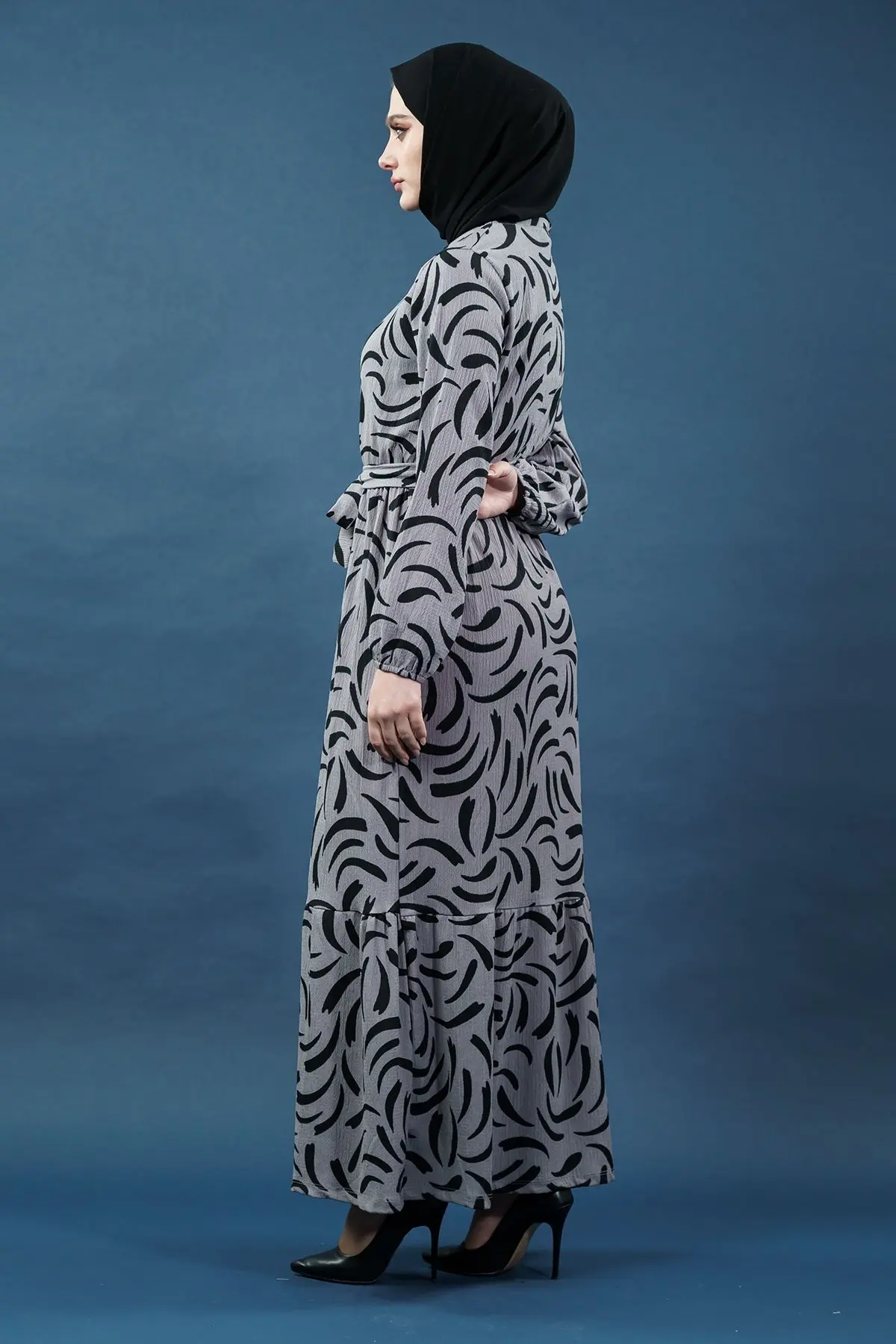 Yeni Sezon Kuşaklı Desenli Gri Elbise-detail