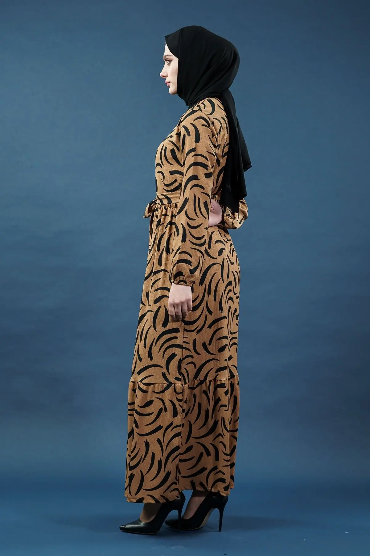 Yeni Sezon Kuşaklı Desenli Kahverengi Elbise-detail