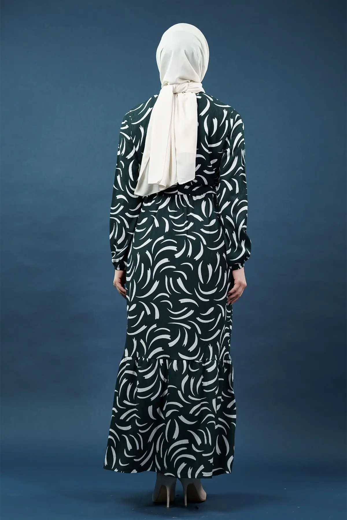 Yeni Sezon Kuşaklı Desenli Yeşil Elbise-detail