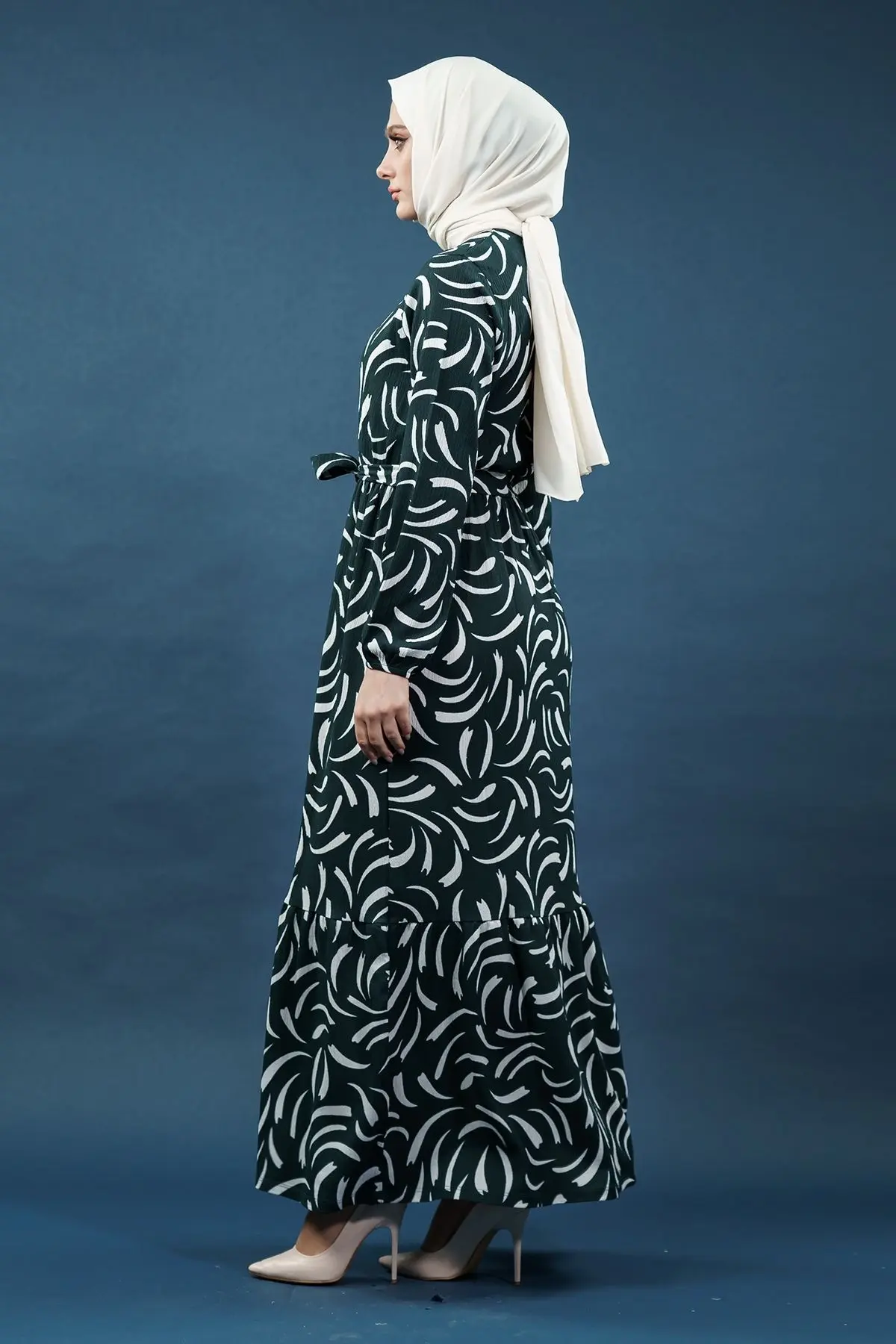 Yeni Sezon Kuşaklı Desenli Yeşil Elbise-detail