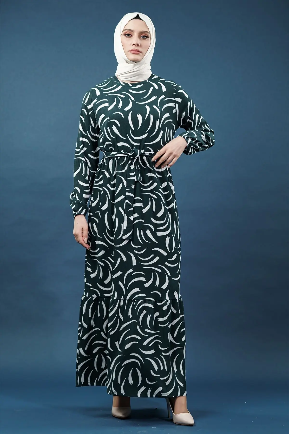 Yeni Sezon Kuşaklı Desenli Yeşil Elbise-detail