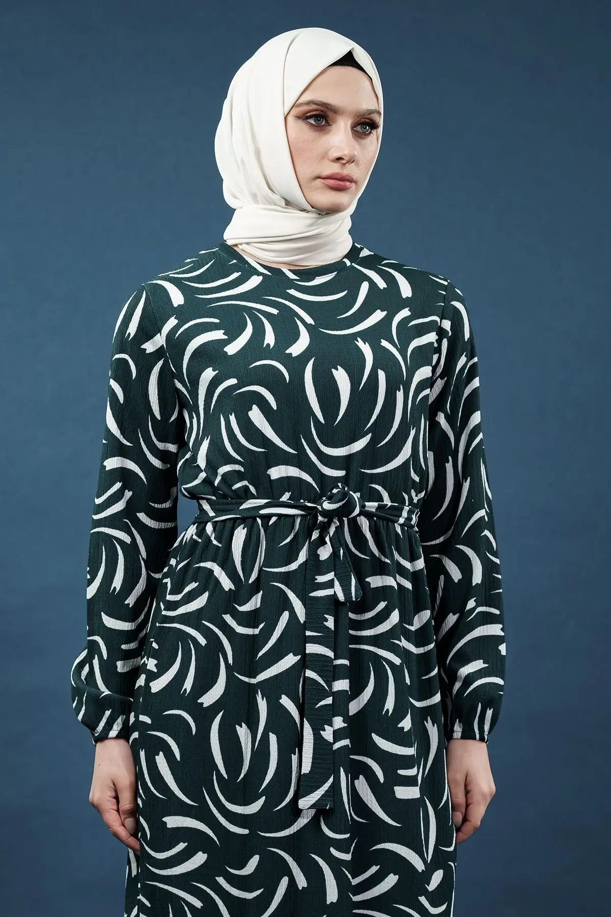 Yeni Sezon Kuşaklı Desenli Yeşil Elbise-detail