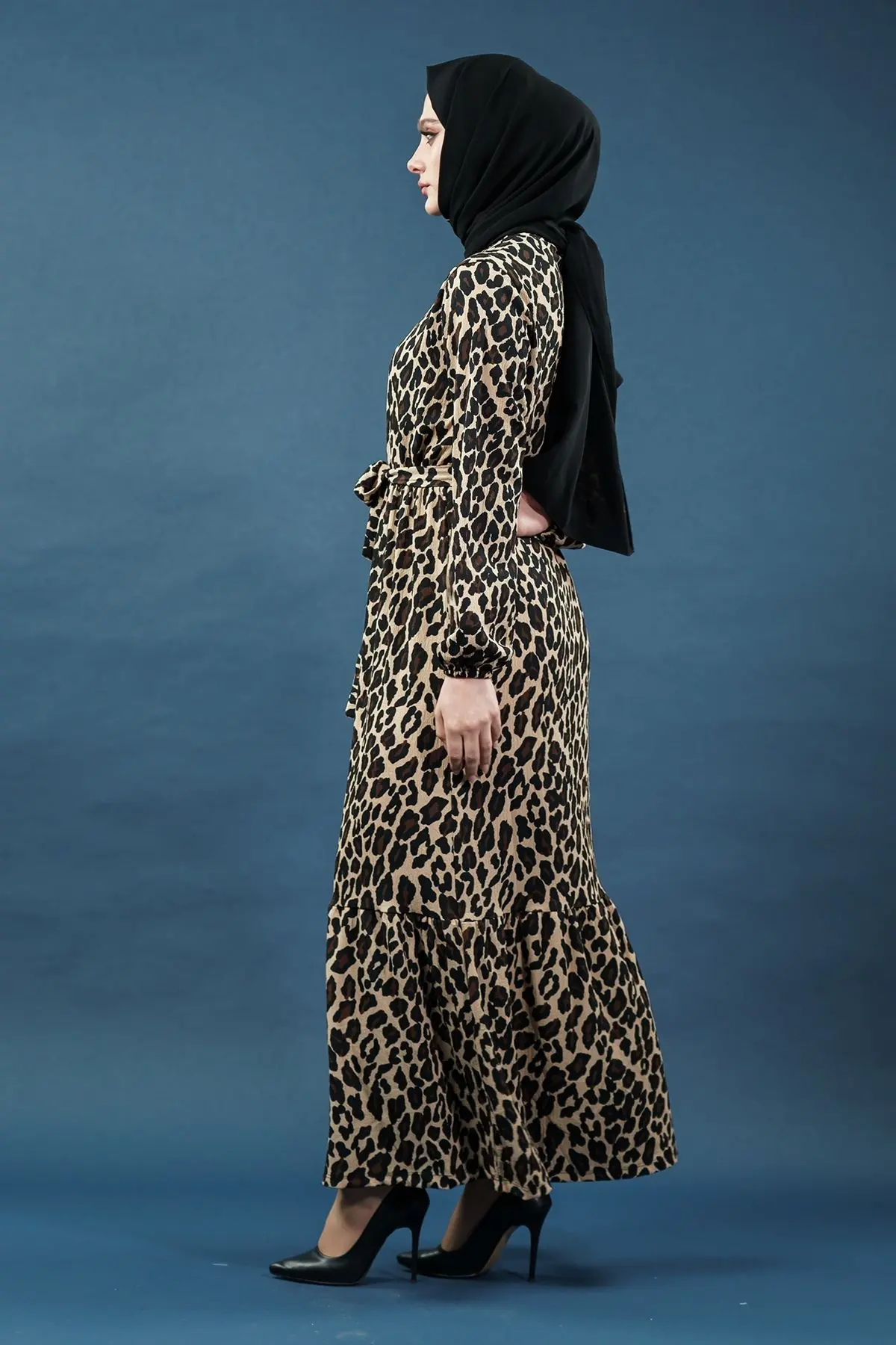 Yeni Sezon Kuşaklı Leopar Desenli Elbise-detail