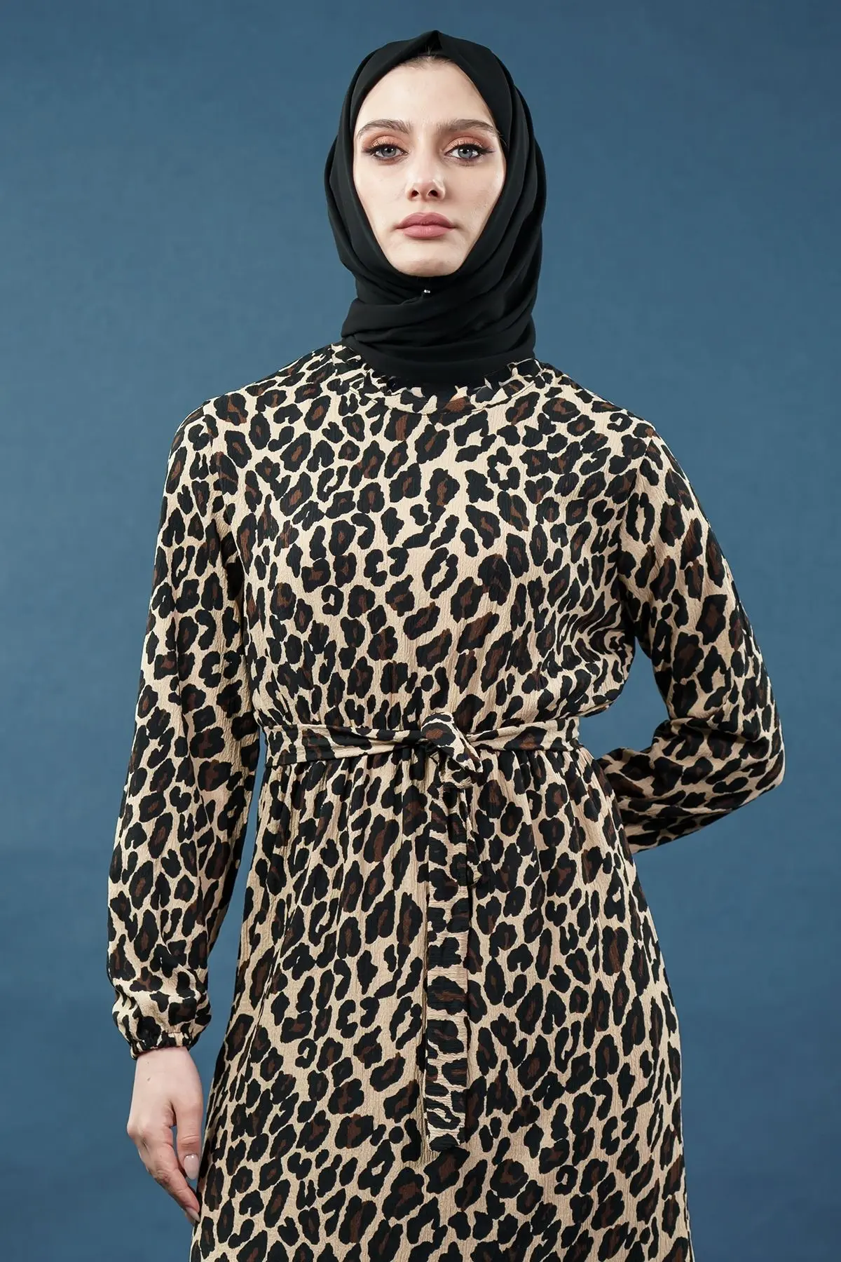 Yeni Sezon Kuşaklı Leopar Desenli Elbise-detail