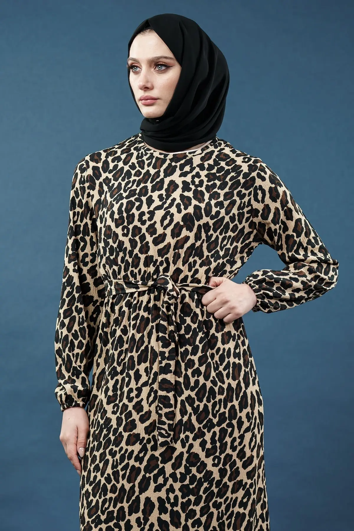 Yeni Sezon Kuşaklı Leopar Desenli Elbise-detail