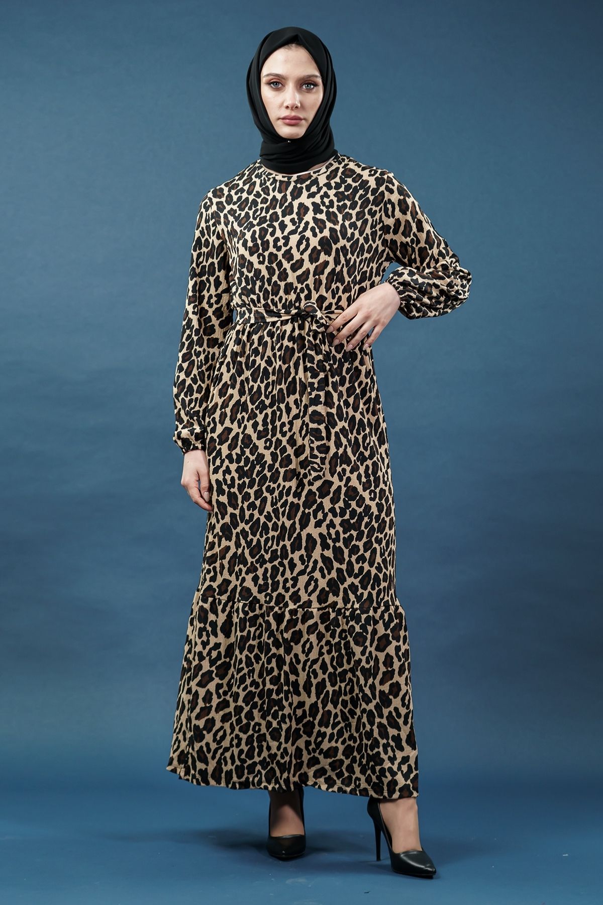 Yeni Sezon Kuşaklı Leopar Desenli Elbise