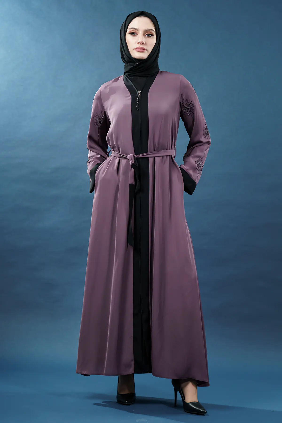 Yeni Sezon Taş Işlemeli Fermuarlı Abaya Gül Kurusu-detail