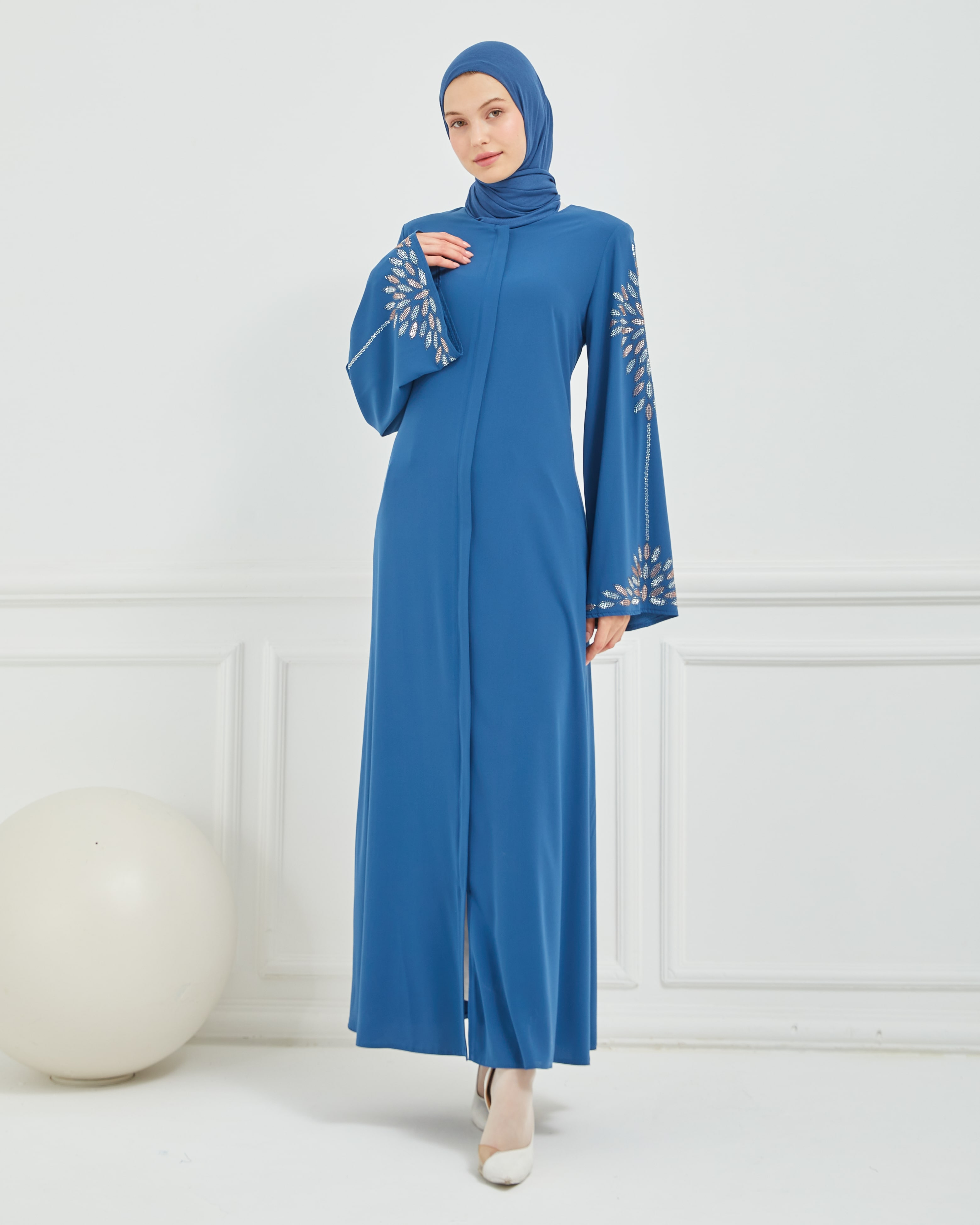 Yeni Sezon Taş Işlemeli Fermuarlı Abaya Indigo