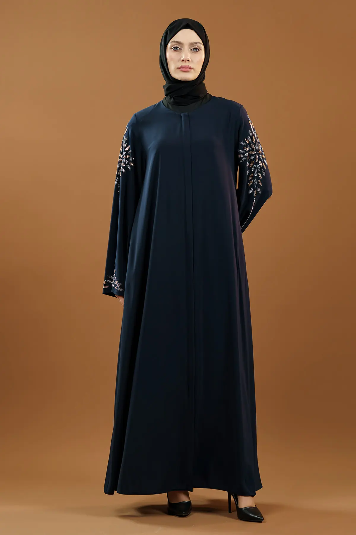 Yeni Sezon Taş Işlemeli Fermuarlı Abaya Indigo-detail