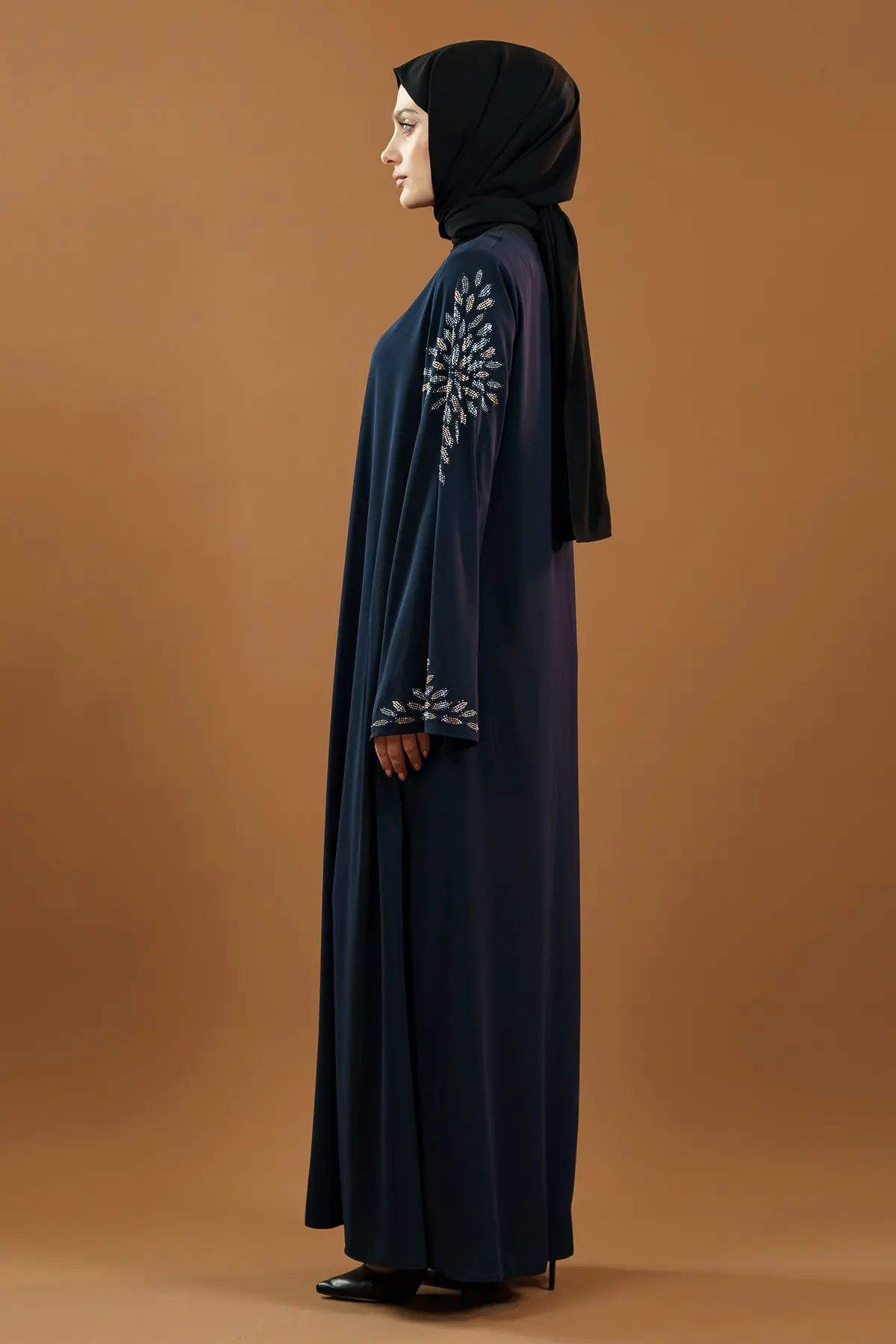 Yeni Sezon Taş Işlemeli Fermuarlı Abaya Indigo-detail