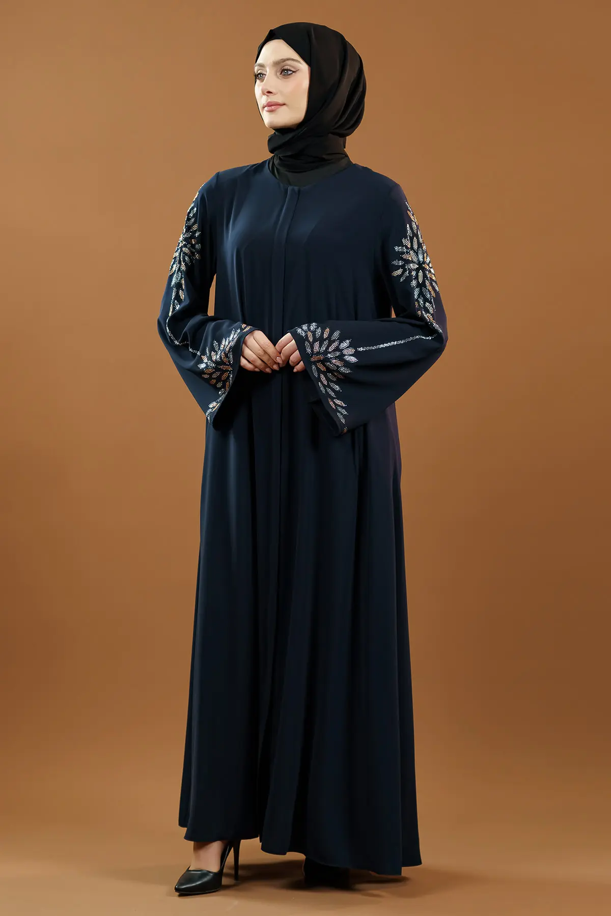 Yeni Sezon Taş Işlemeli Fermuarlı Abaya Indigo-detail