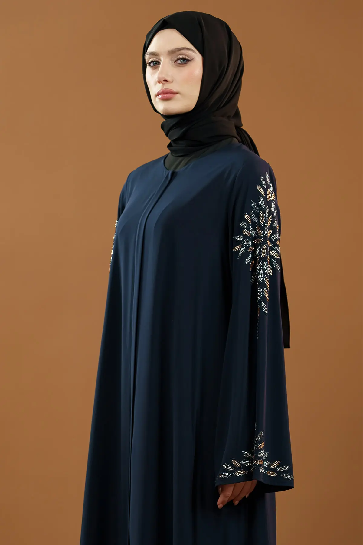 Yeni Sezon Taş Işlemeli Fermuarlı Abaya Indigo-detail