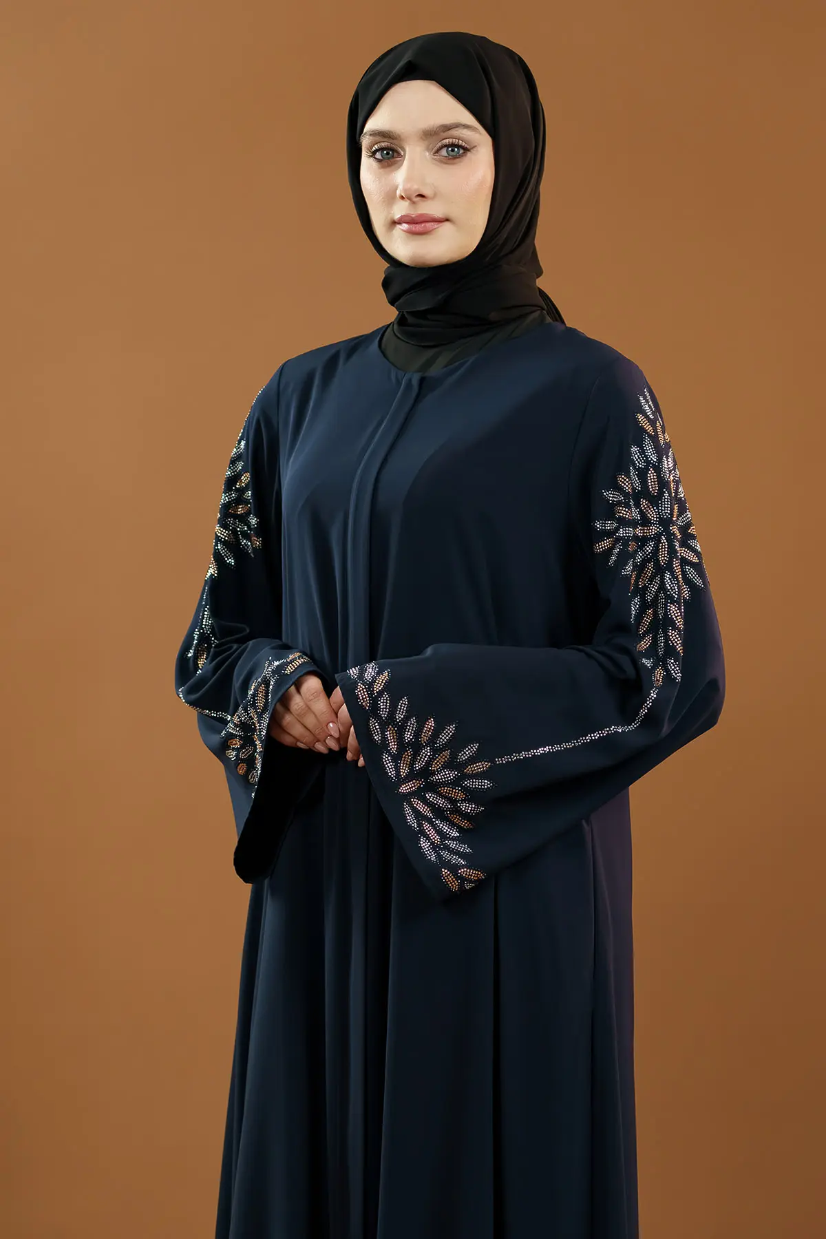 Yeni Sezon Taş Işlemeli Fermuarlı Abaya Indigo-detail