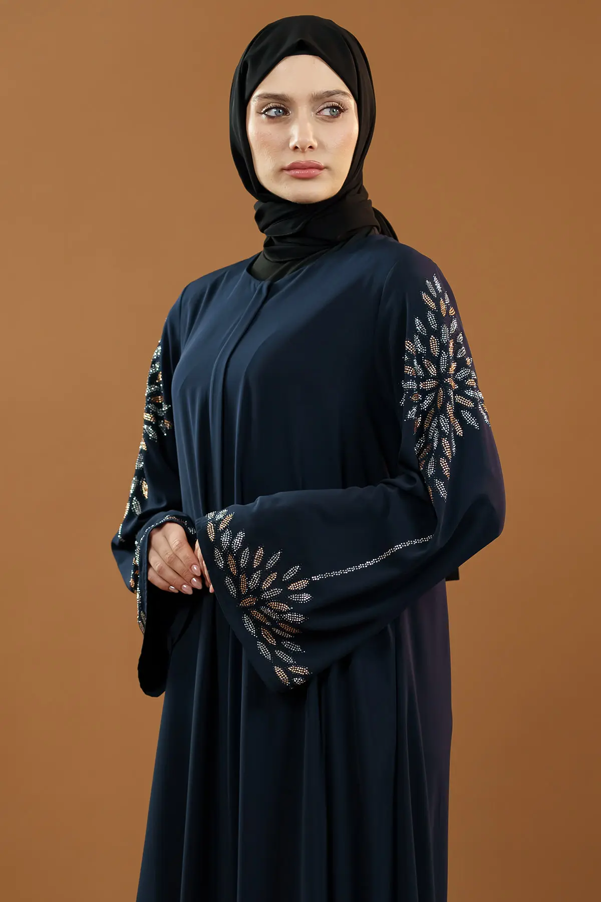 Yeni Sezon Taş Işlemeli Fermuarlı Abaya Indigo-detail