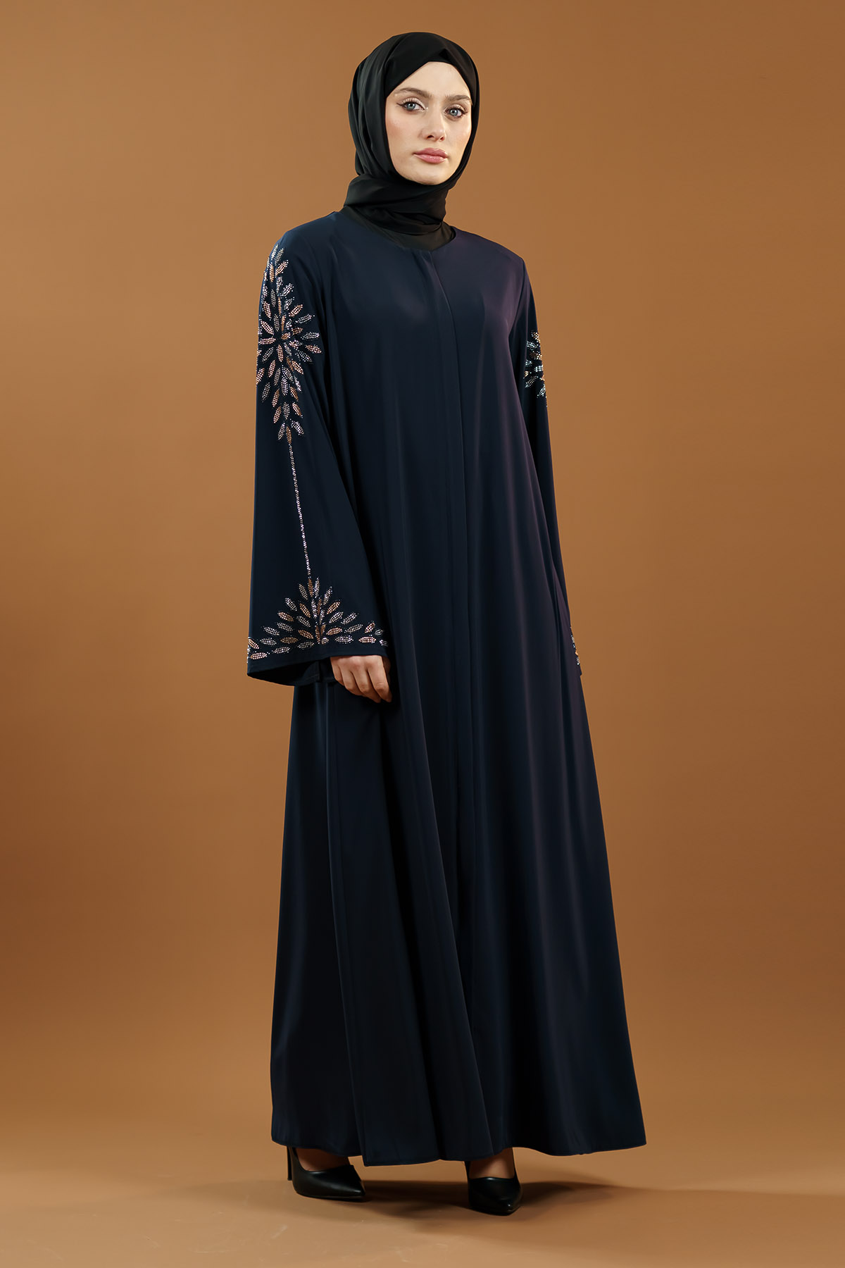 Yeni Sezon Taş Işlemeli Fermuarlı Abaya Indigo