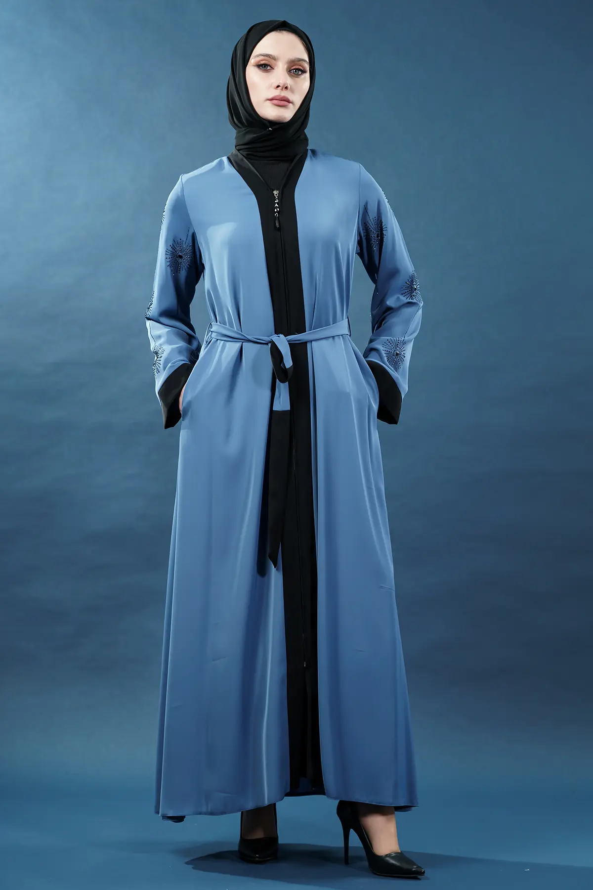 Yeni Sezon Taş Işlemeli Fermuarlı Abaya Indigo-detail