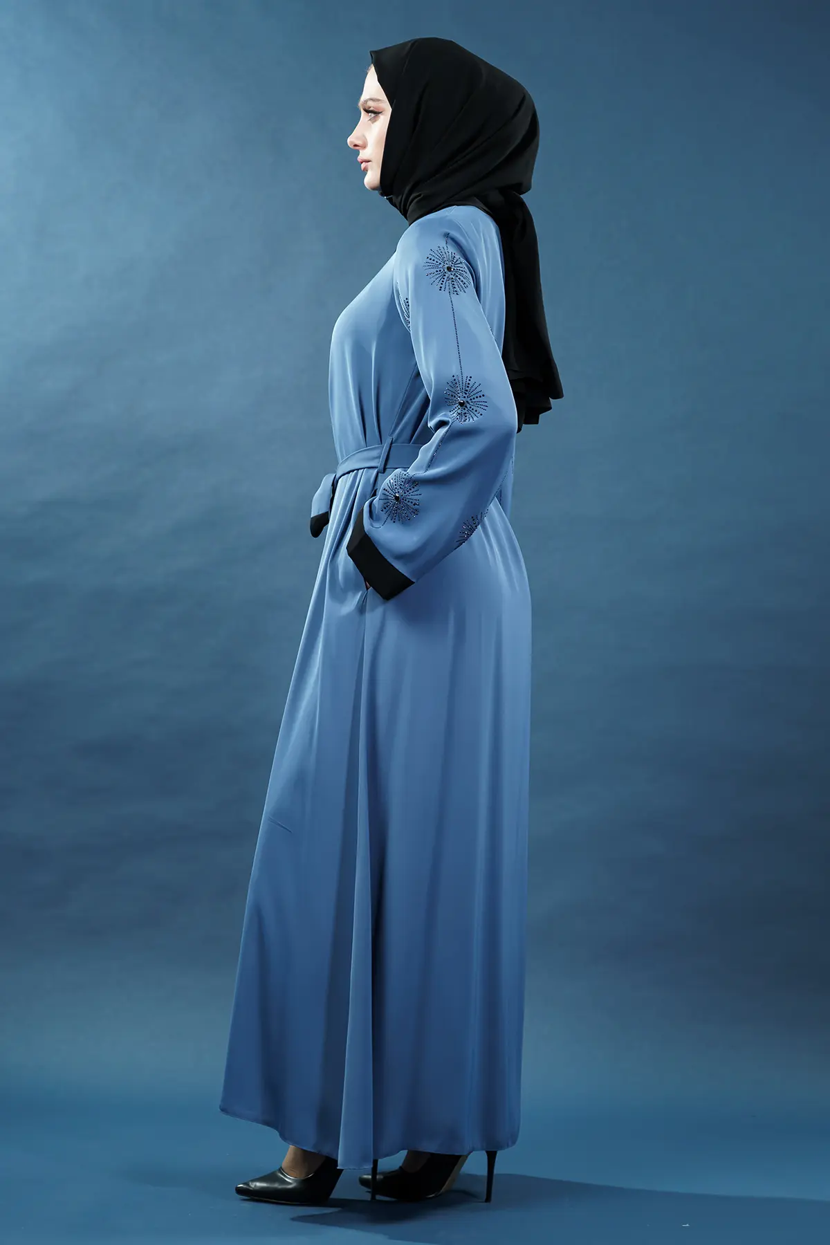 Yeni Sezon Taş Işlemeli Fermuarlı Abaya Indigo-detail