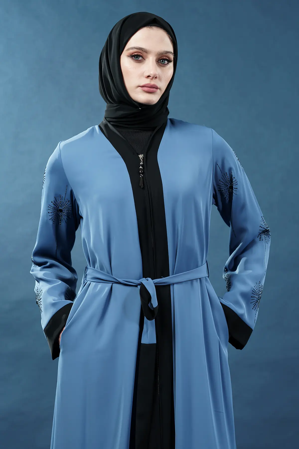 Yeni Sezon Taş Işlemeli Fermuarlı Abaya Indigo-detail