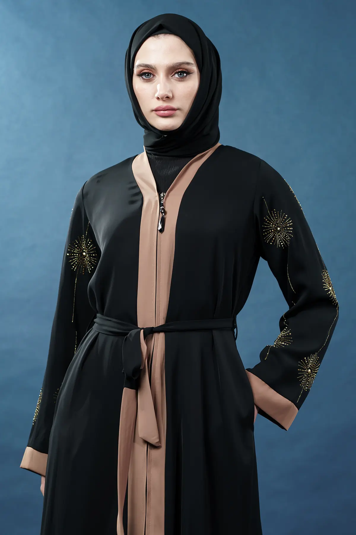Yeni Sezon Taş Işlemeli Fermuarlı Abaya Siyah-detail