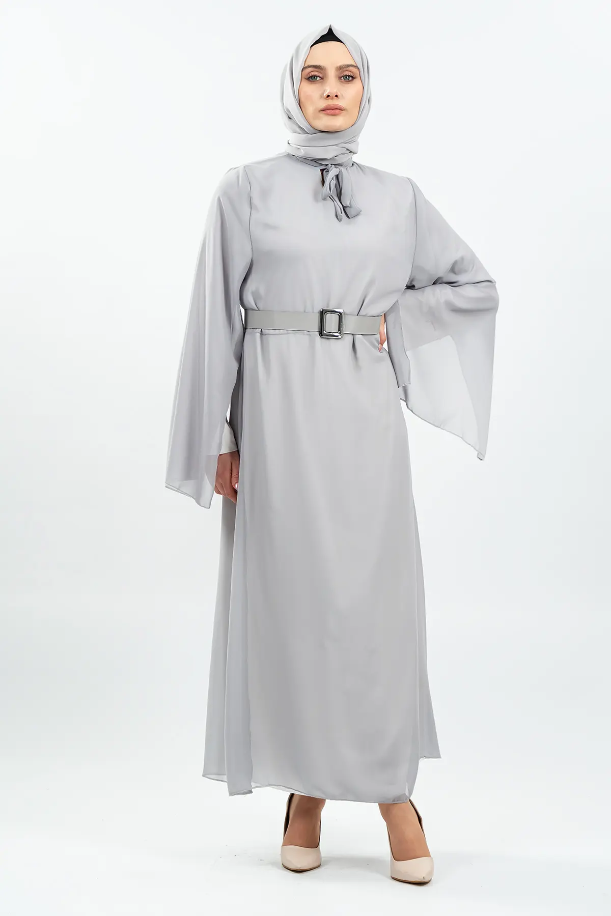 Yeni Sezon Yarasa Kol Gri Tesettür Elbise-detail