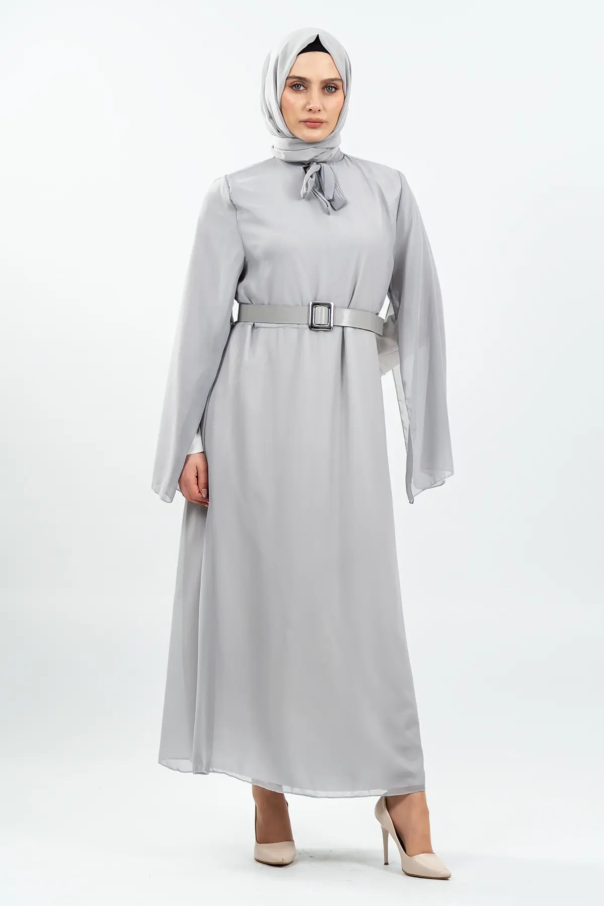 Yeni Sezon Yarasa Kol Gri Tesettür Elbise-detail