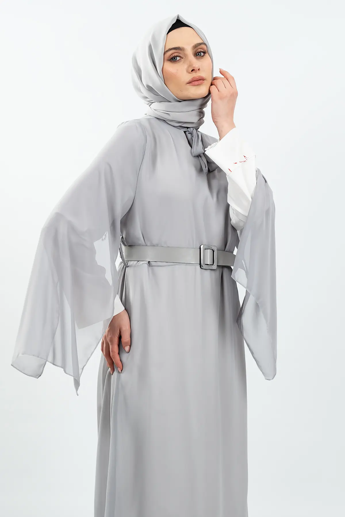 Yeni Sezon Yarasa Kol Gri Tesettür Elbise-detail