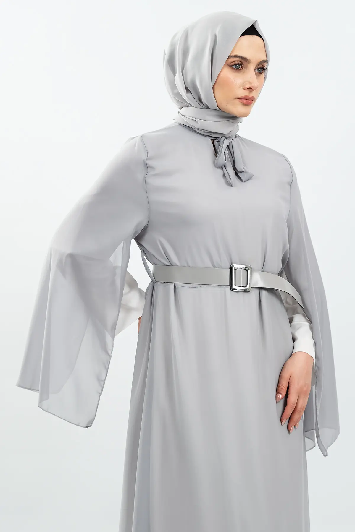 Yeni Sezon Yarasa Kol Gri Tesettür Elbise-detail