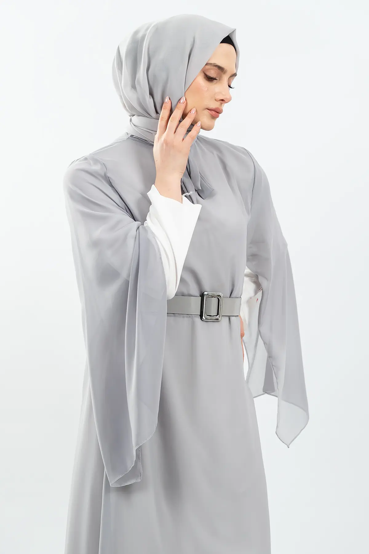 Yeni Sezon Yarasa Kol Gri Tesettür Elbise-detail