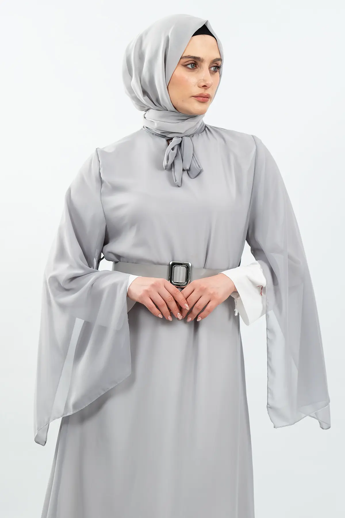 Yeni Sezon Yarasa Kol Gri Tesettür Elbise-detail