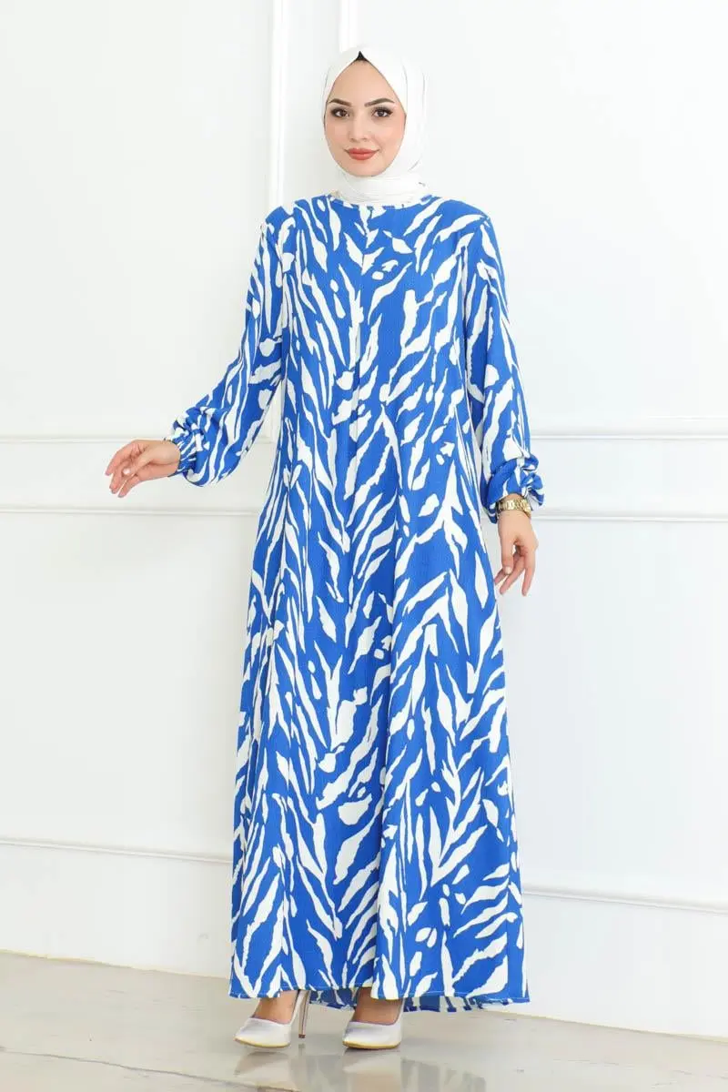 Zebra Desen Tesettür Elbise Mavi-detail
