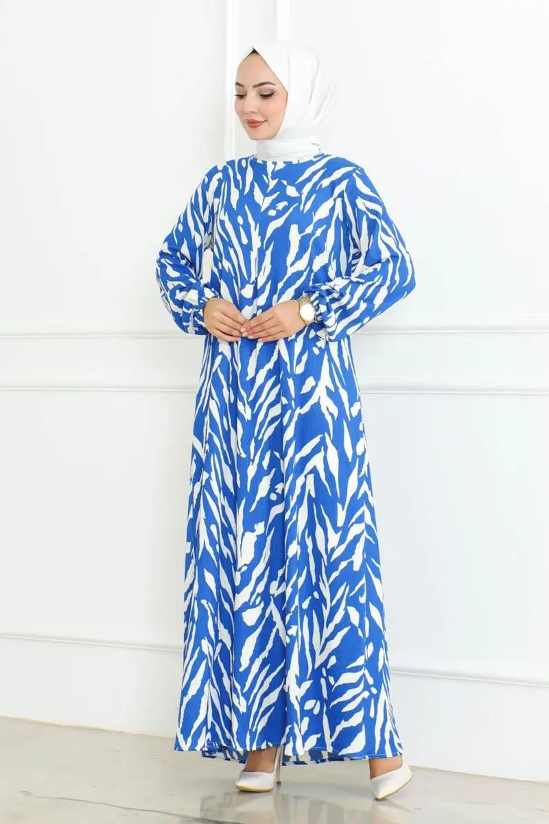 Zebra Desen Tesettür Elbise Mavi-detail