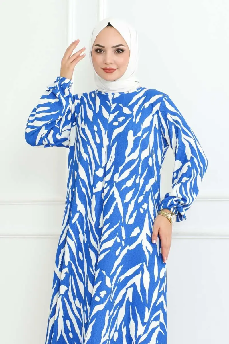 Zebra Desen Tesettür Elbise Mavi-detail