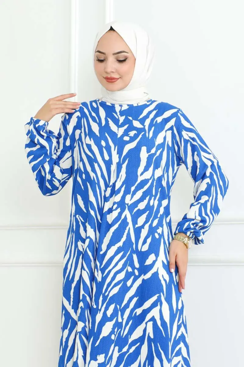 Zebra Desen Tesettür Elbise Mavi-detail