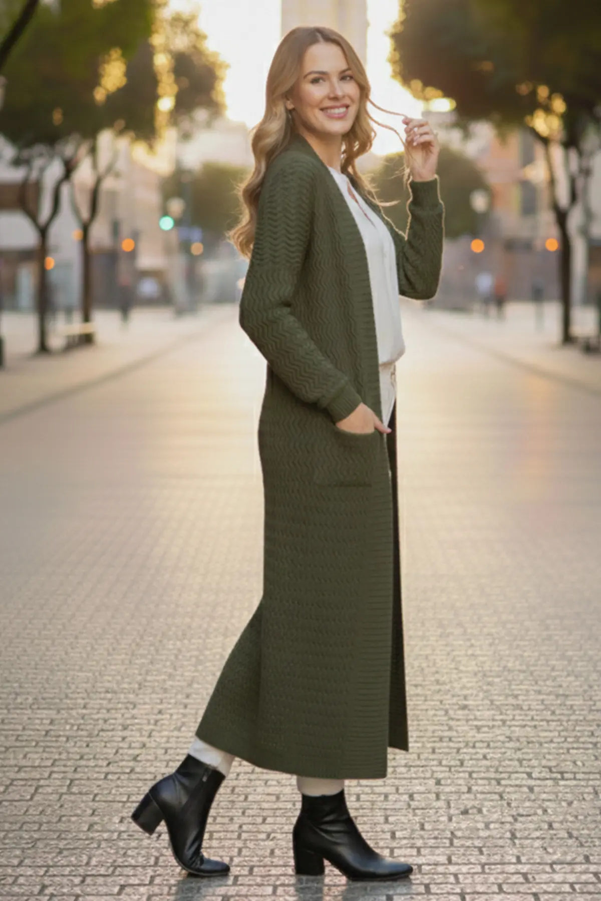 Zigzag Patterned Long Knit Cardigan-detail