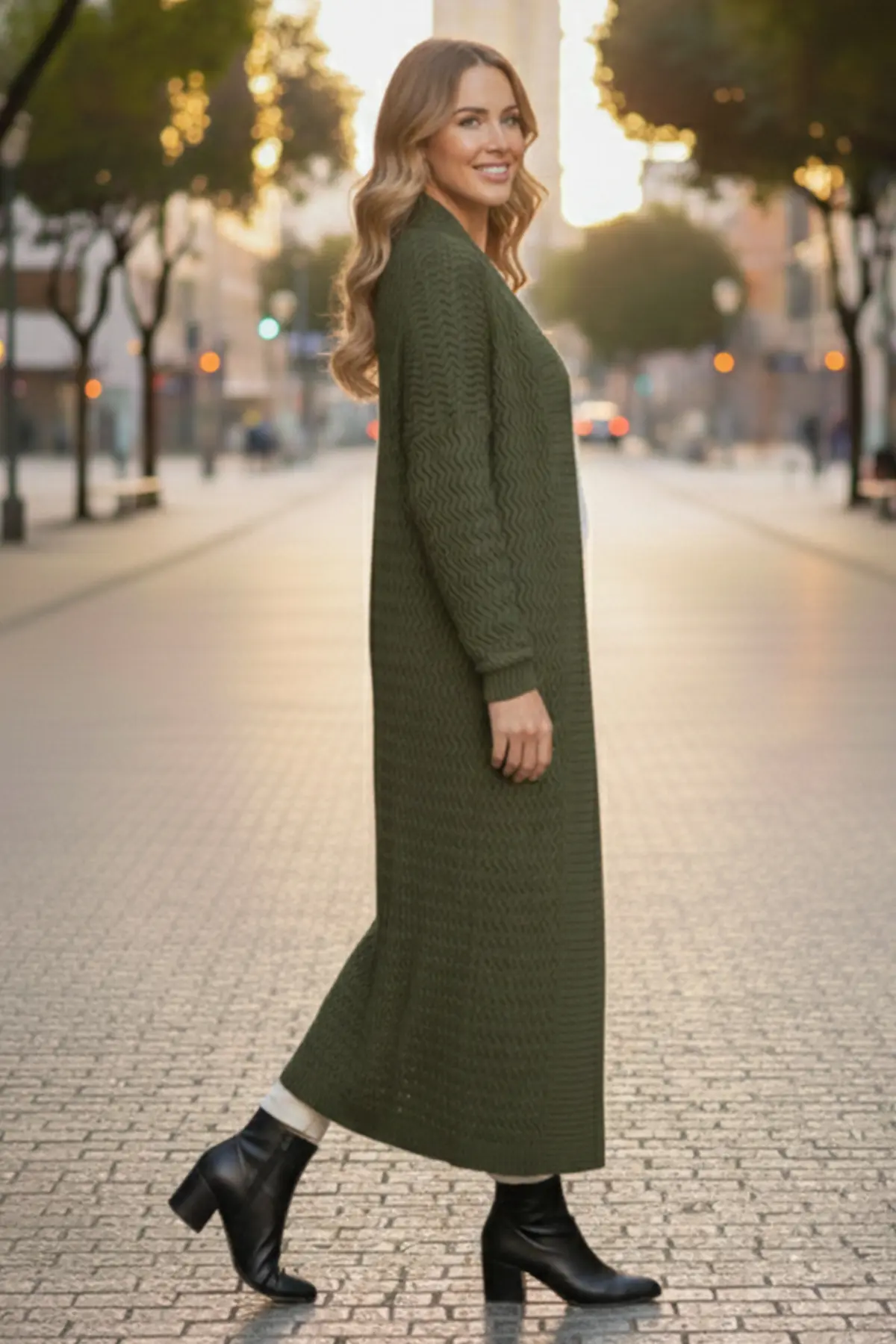 Zigzag Patterned Long Knit Cardigan-detail