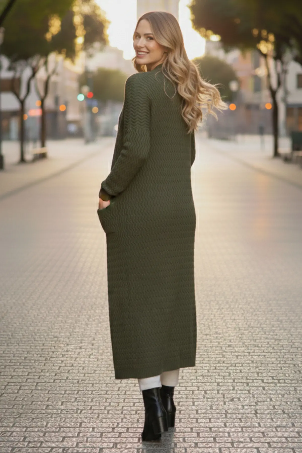 Zigzag Patterned Long Knit Cardigan-detail