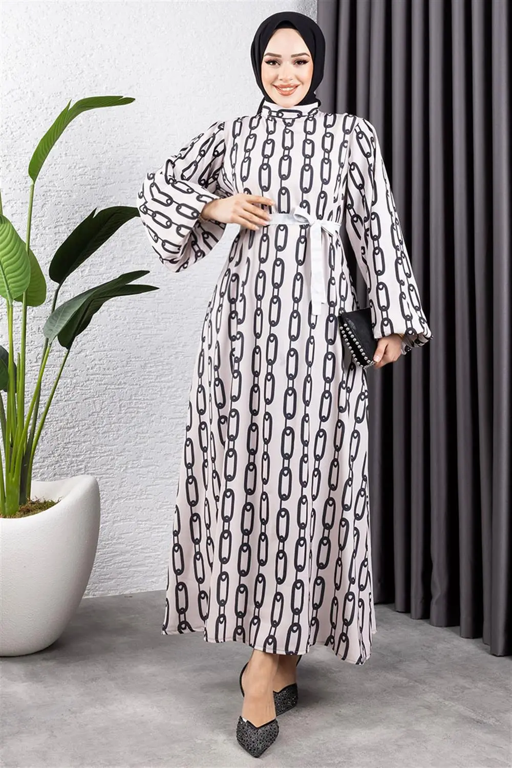 Zincir Desenli Tesettür Elbise Vizon-detail