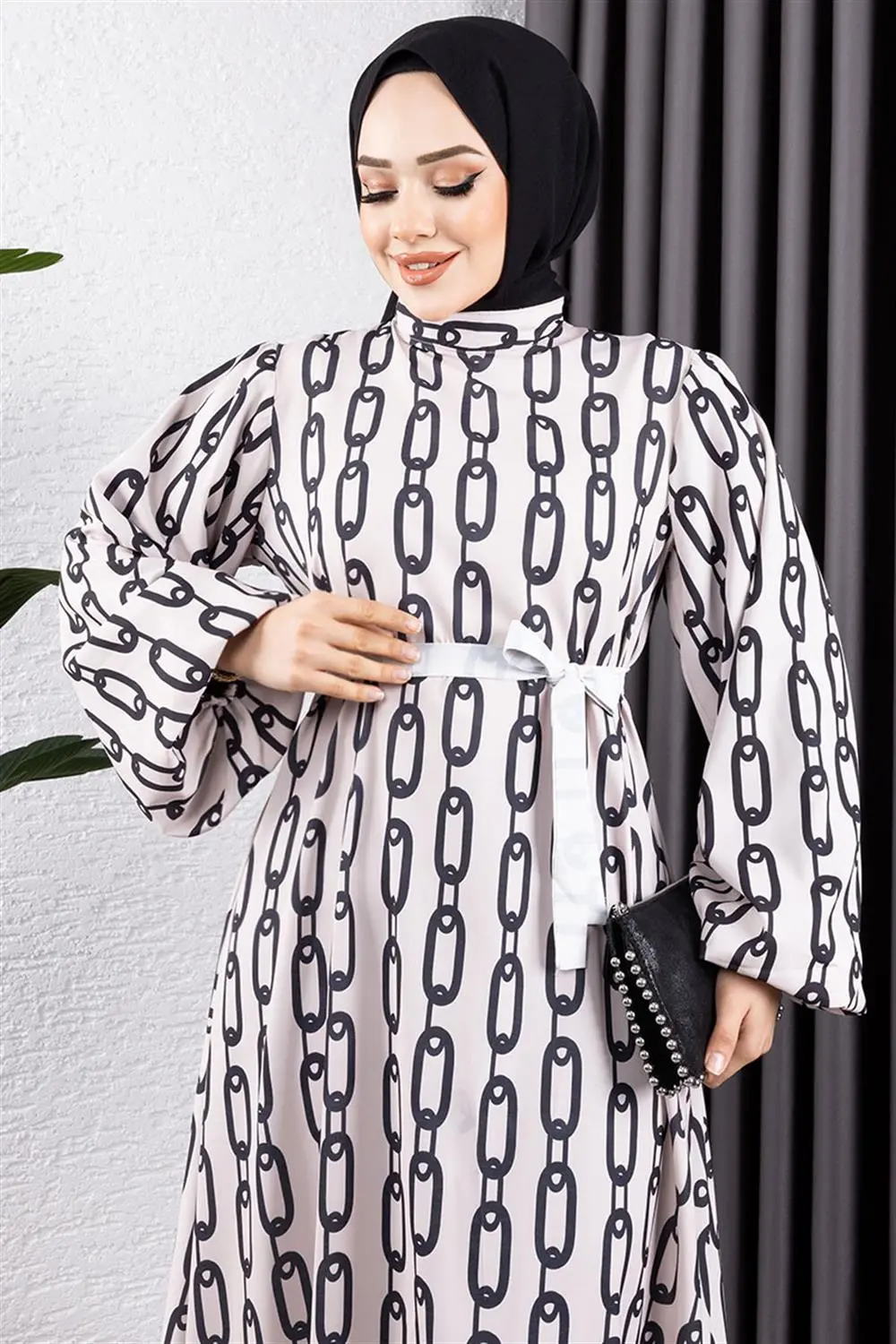Zincir Desenli Tesettür Elbise Vizon-detail