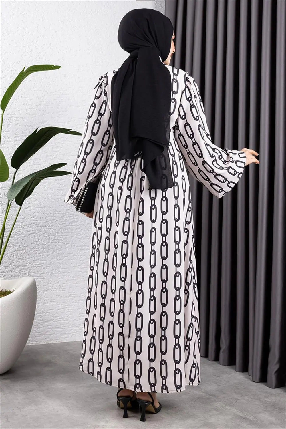 Zincir Desenli Tesettür Elbise Vizon-detail