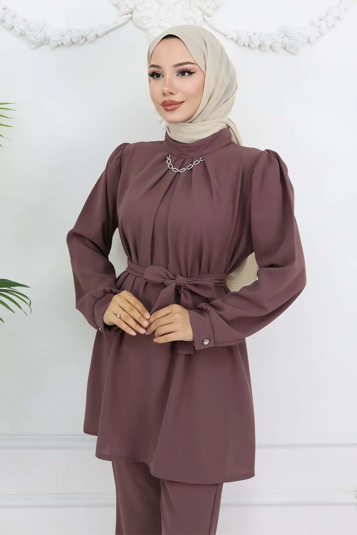 Zincir Detaylı Tesettür Takım Gül Kurusu 4767-detail