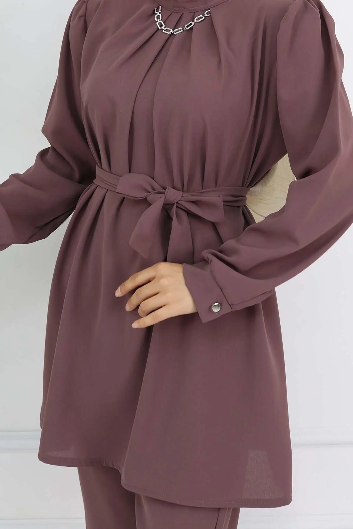 Zincir Detaylı Tesettür Takım Gül Kurusu 4767-detail