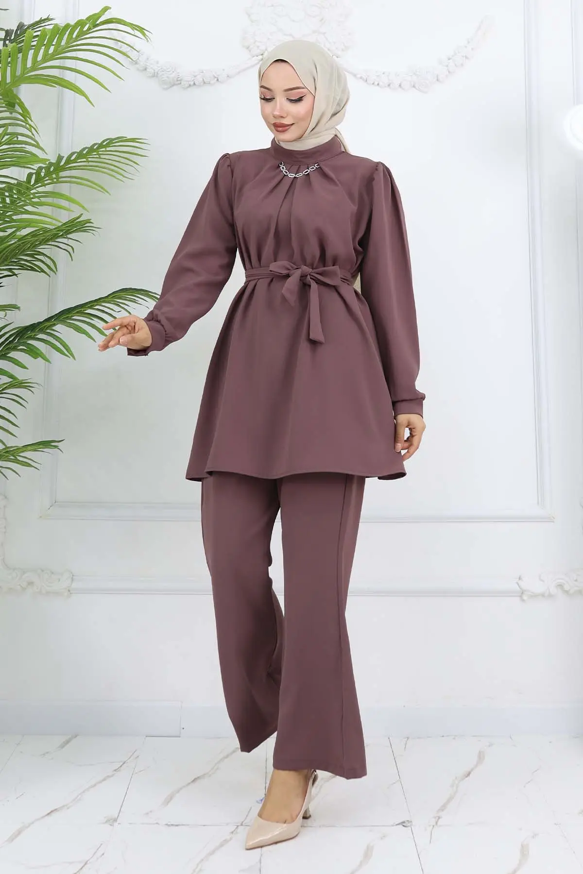 Zincir Detaylı Tesettür Takım Gül Kurusu 4767-detail