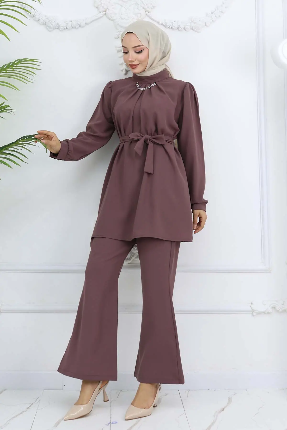 Zincir Detaylı Tesettür Takım Gül Kurusu 4767-detail